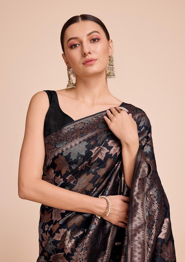 Black Zari Work Silk Blend Saree Set