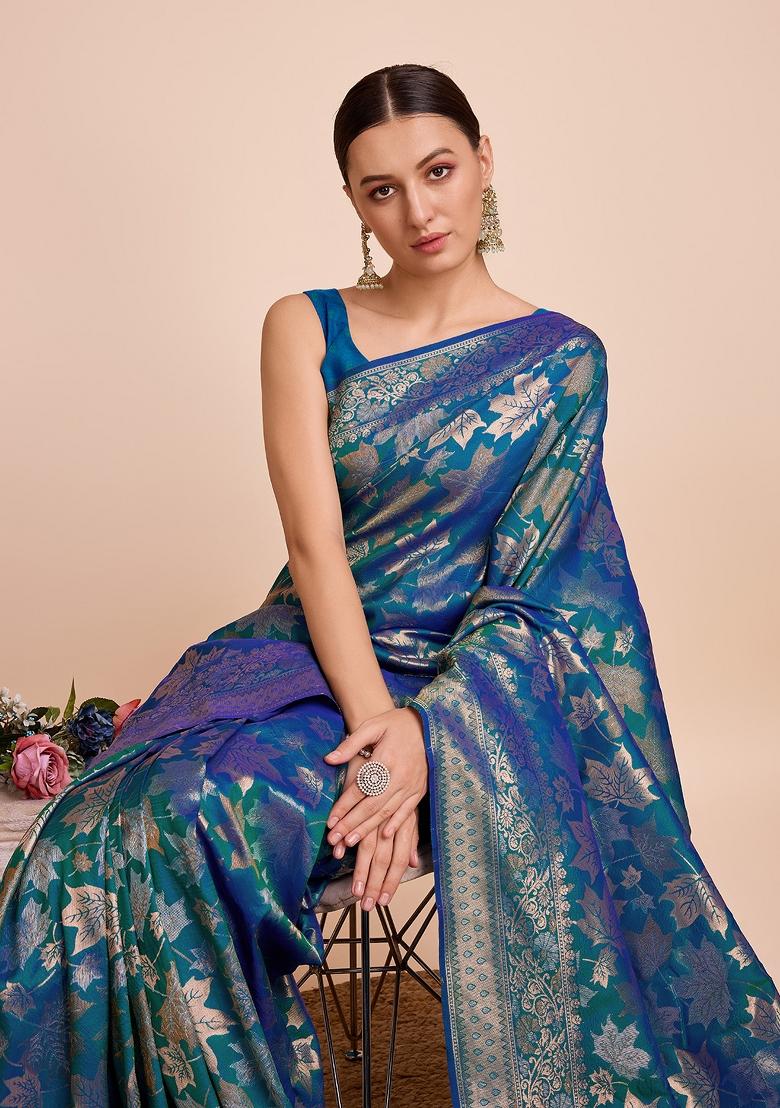 Blue Zari Work Silk Blend Saree Set