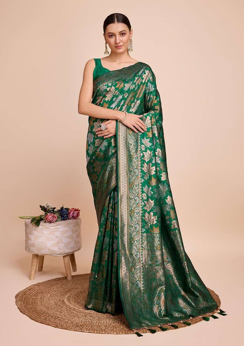 Green Zari Work Silk Blend Saree Set - Indya