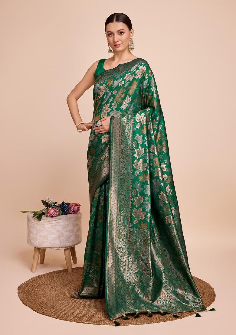 Green Zari Work Silk Blend Saree Set