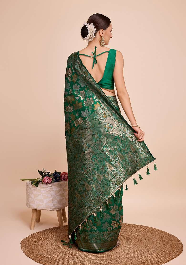 Green Zari Work Silk Blend Saree Set - Indya