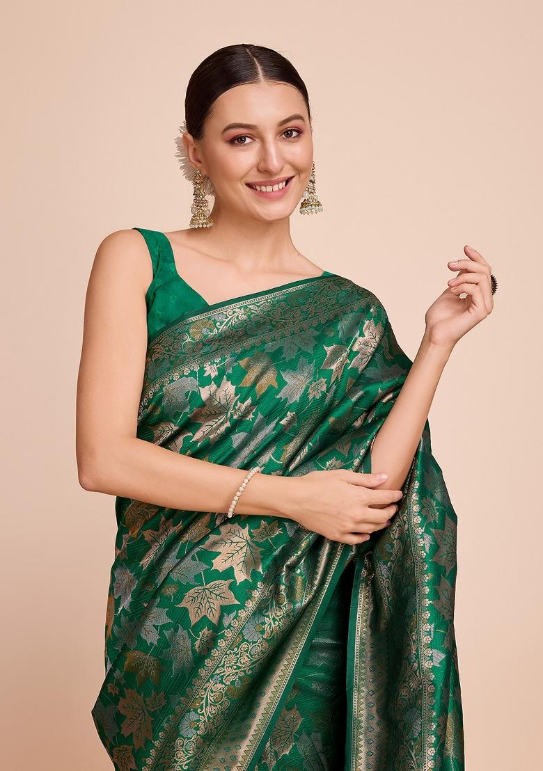 Green Zari Work Silk Blend Saree Set