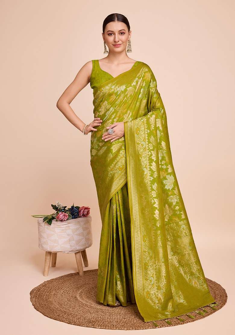 Light Green Zari Work Silk Blend Saree Set - Indya