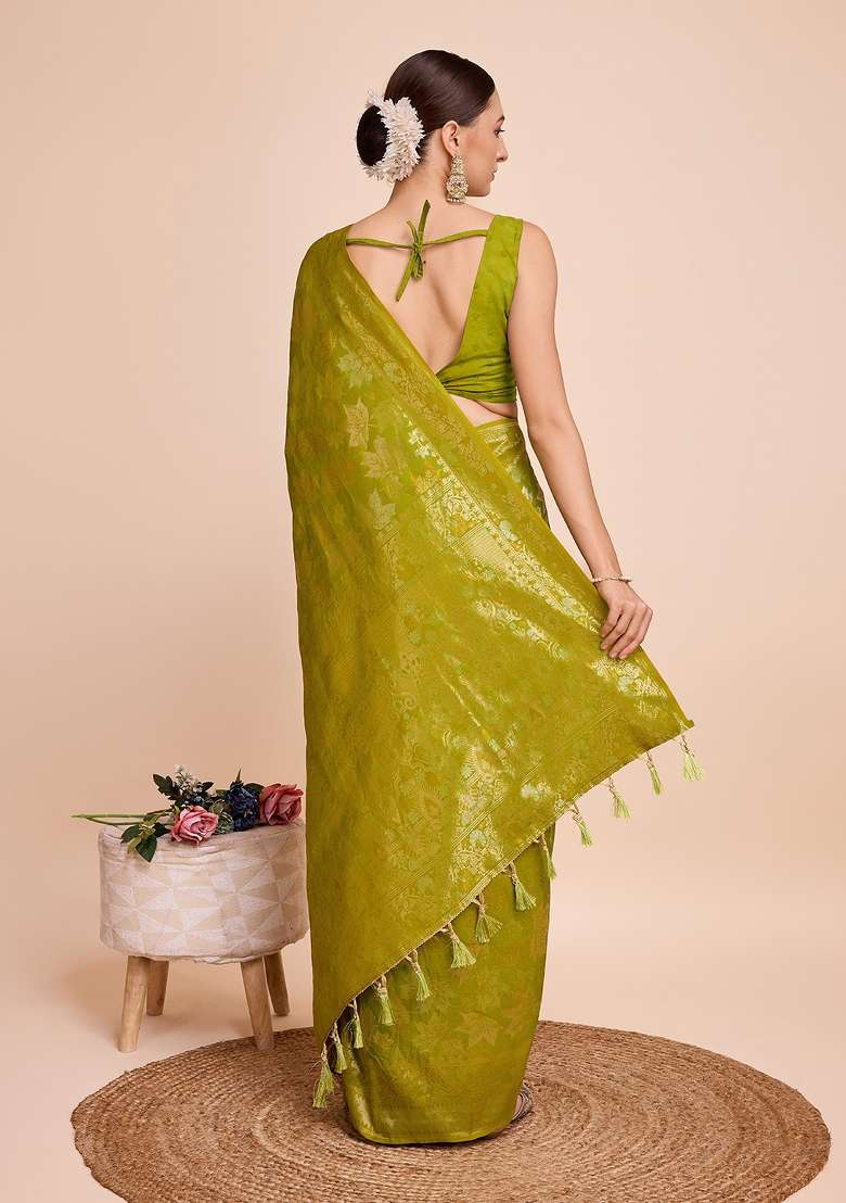 Light Green Zari Work Silk Blend Saree Set - Indya