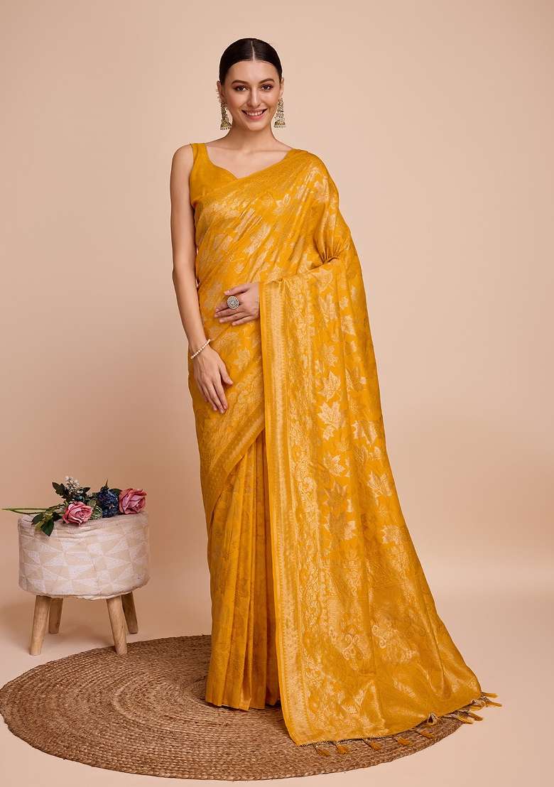 Mustard Yellow Zari Work Silk Blend Saree Set - Indya