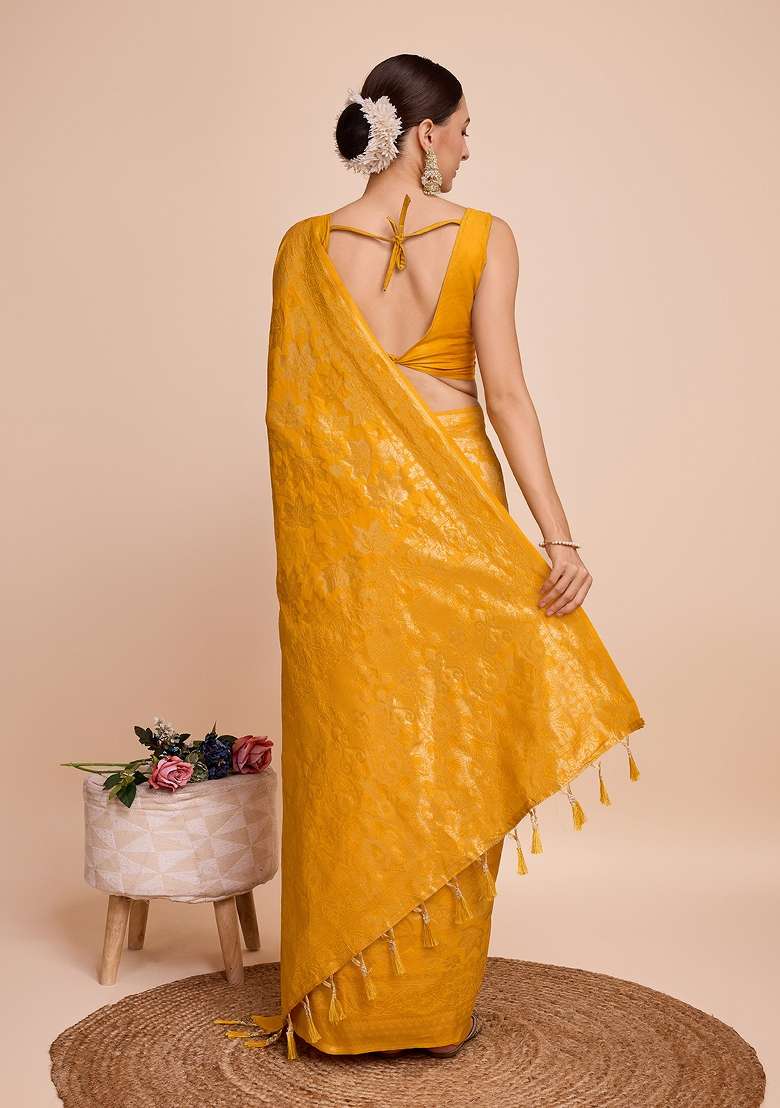Mustard Yellow Zari Work Silk Blend Saree Set - Indya
