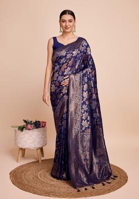 Navy Blue Zari Work Silk Blend Saree Set