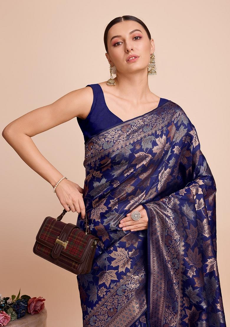 Navy Blue Zari Work Silk Blend Saree Set