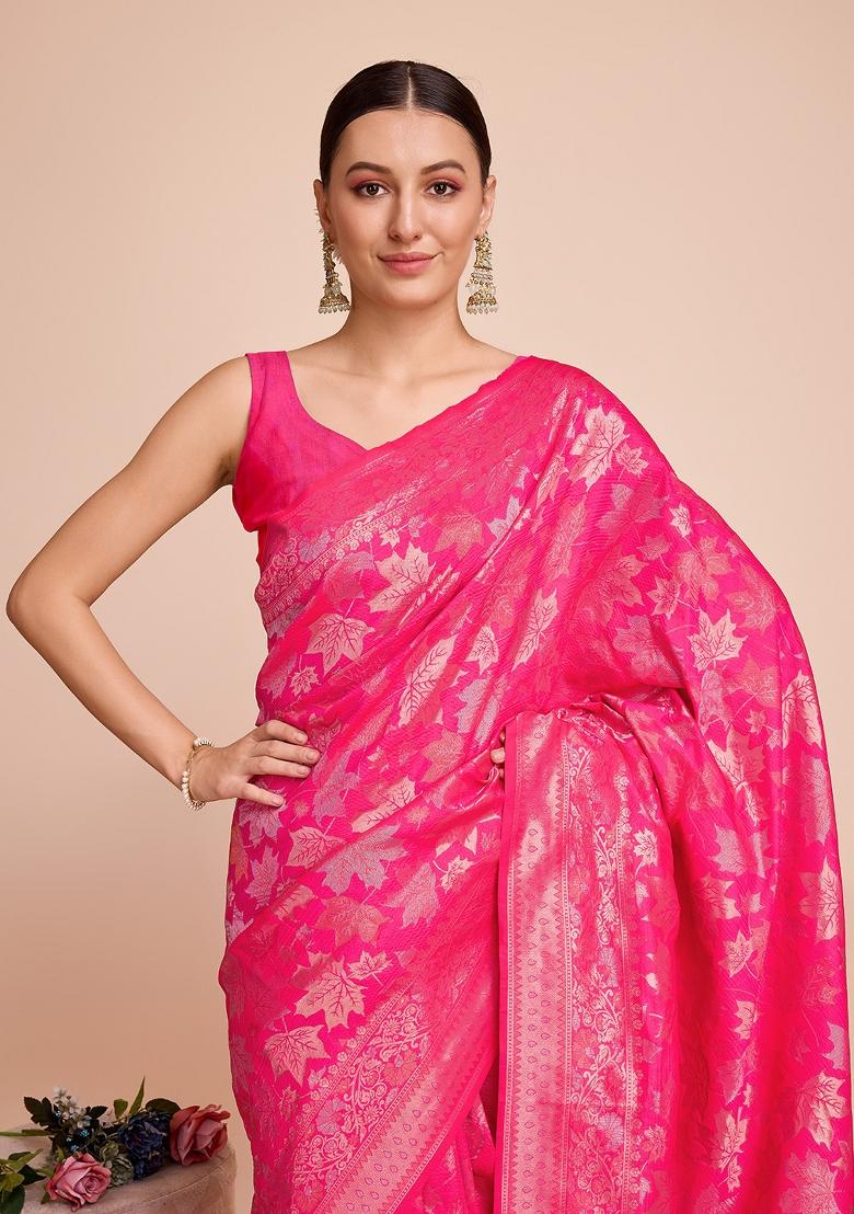 Pink Zari Work Silk Blend Saree Set