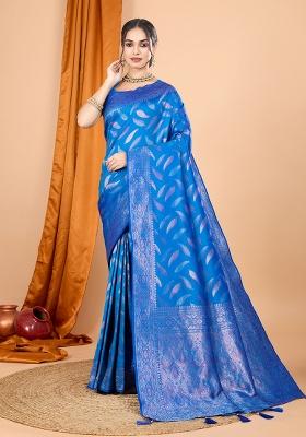 Blue Zari Work Silk Blend Saree Set
