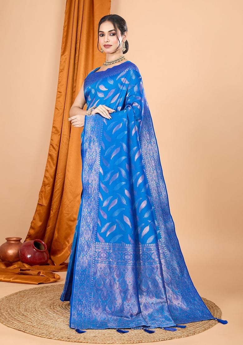 Blue Zari Work Silk Blend Saree Set