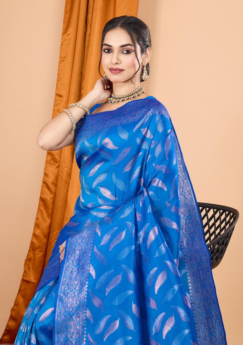 Blue Zari Work Silk Blend Saree Set