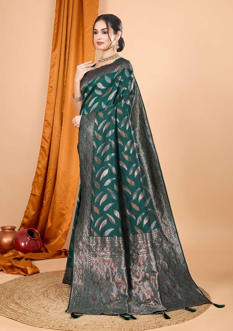 Green Zari Work Silk Blend Saree Set - Indya