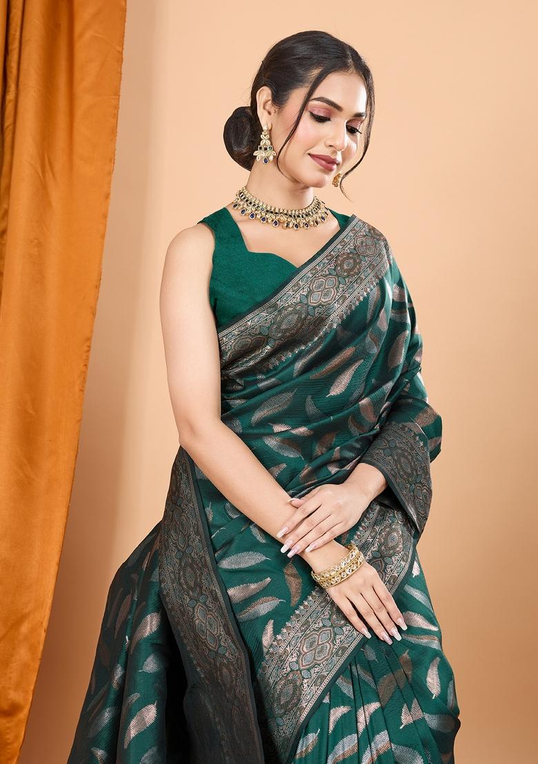 Green Zari Work Silk Blend Saree Set