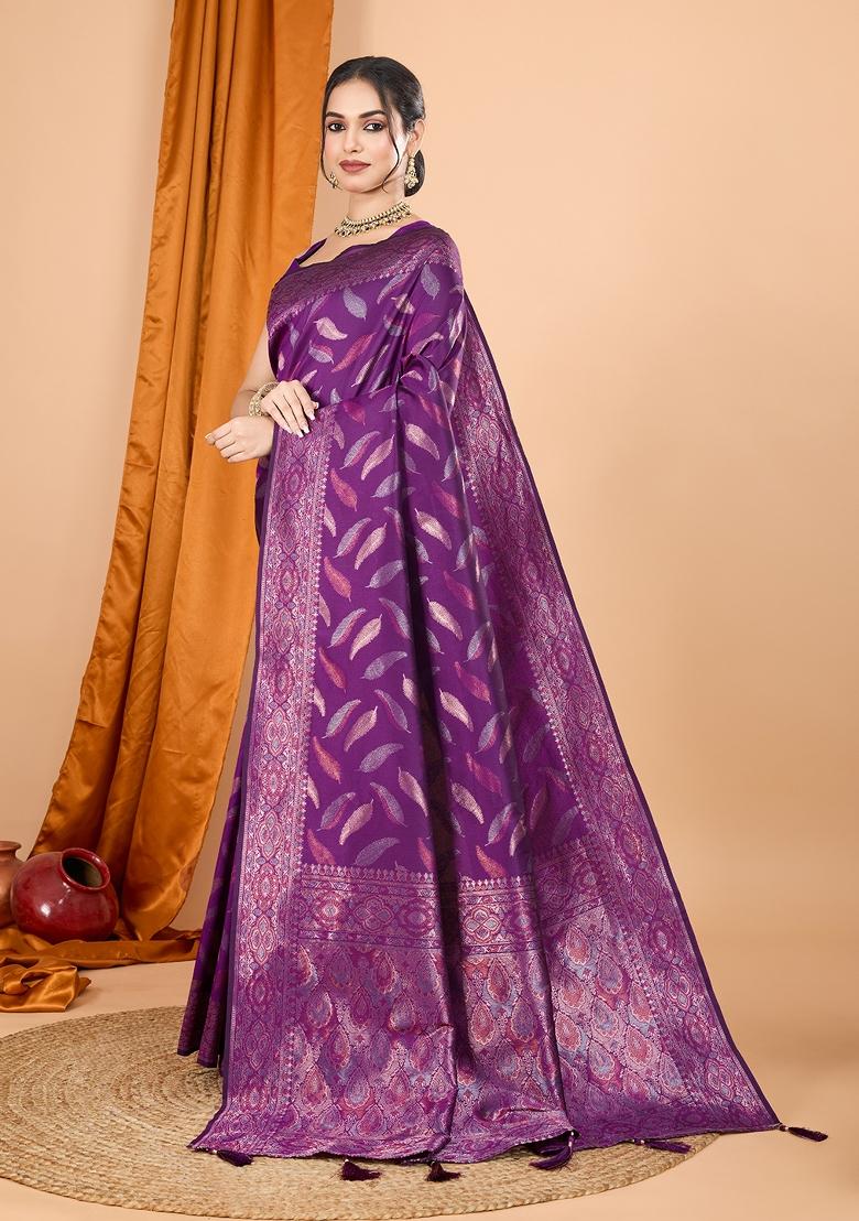 Magenta Zari Work Silk Blend Saree Set