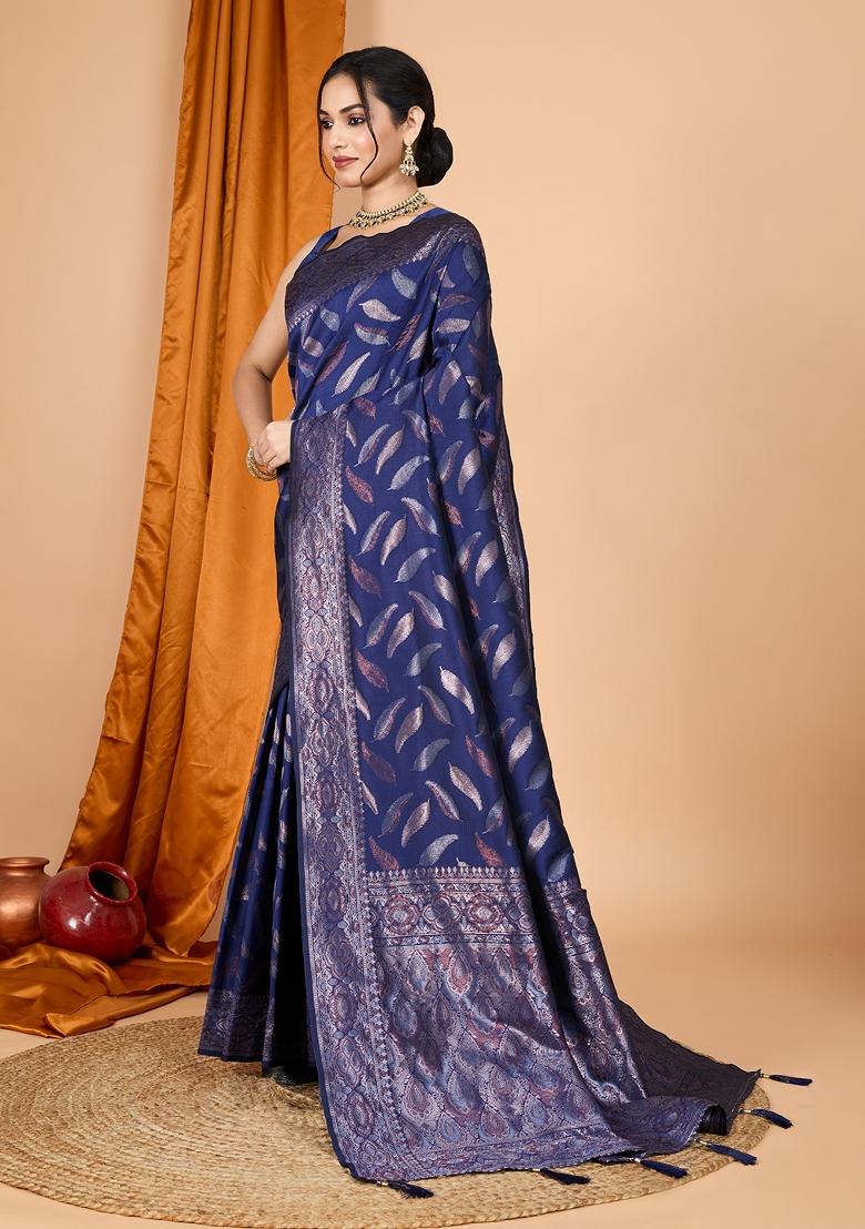 Navy Blue Zari Work Silk Blend Saree Set