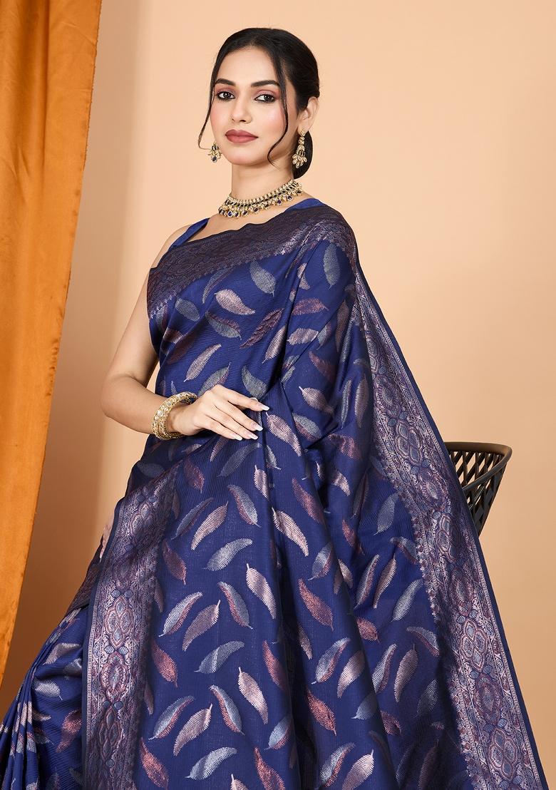Navy Blue Zari Work Silk Blend Saree Set