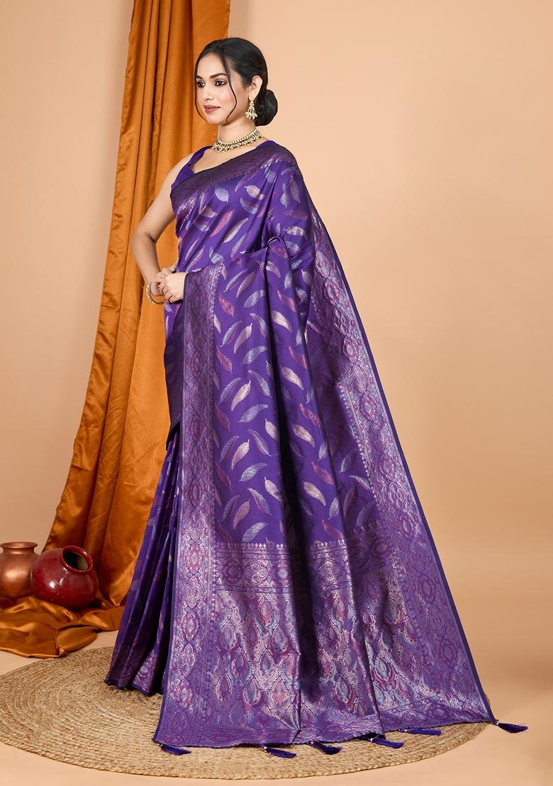 Purple Zari Work Silk Blend Saree Set