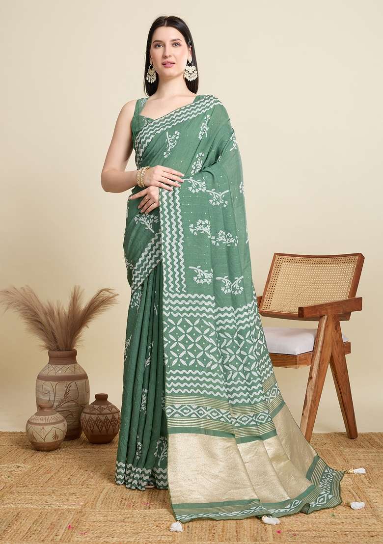 Green Zari Work Blended Cotton Saree Set - Indya