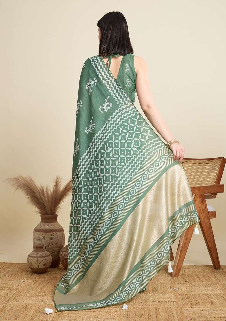 Green Zari Work Blended Cotton Saree Set - Indya