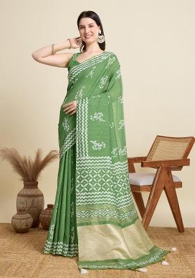 Light Green Zari Work Blended Cotton Saree Set