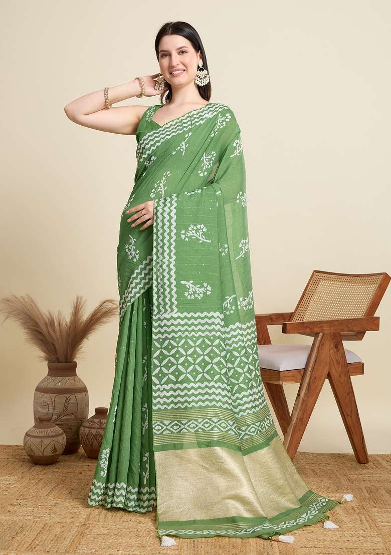 Light Green Zari Work Blended Cotton Saree Set - Indya