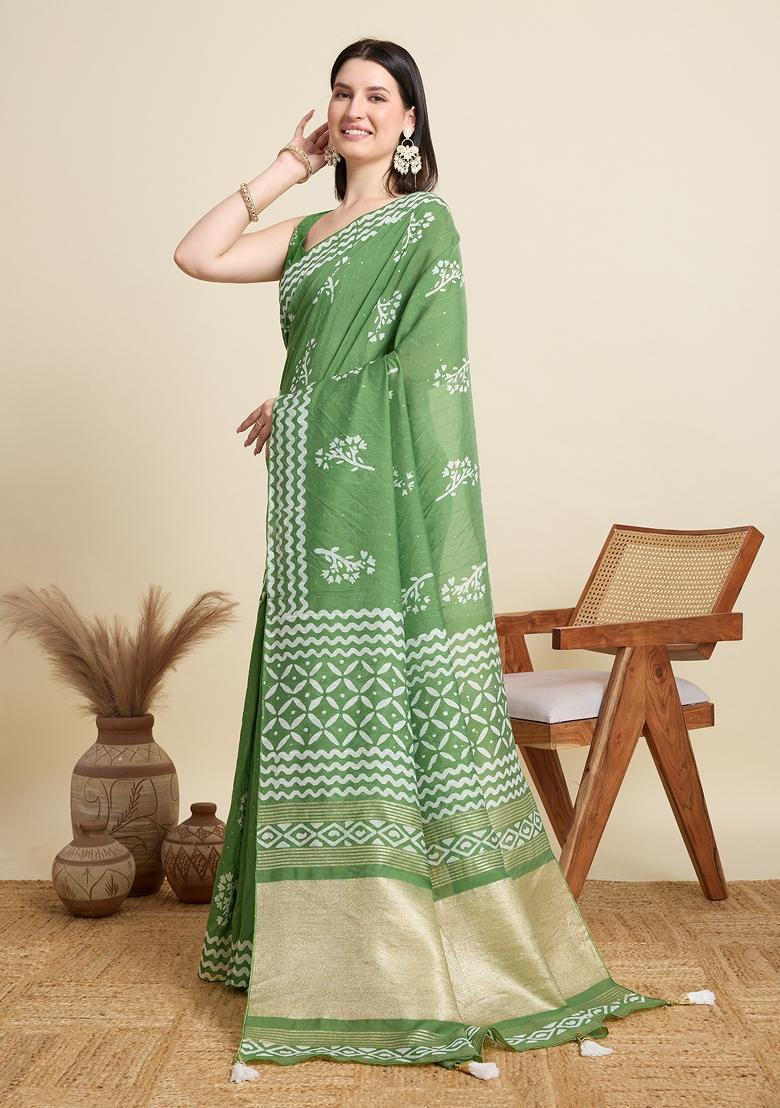 Light Green Zari Work Blended Cotton Saree Set