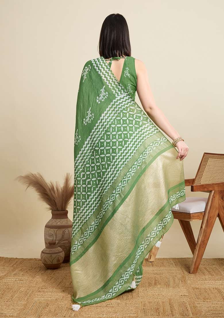 Light Green Zari Work Blended Cotton Saree Set - Indya