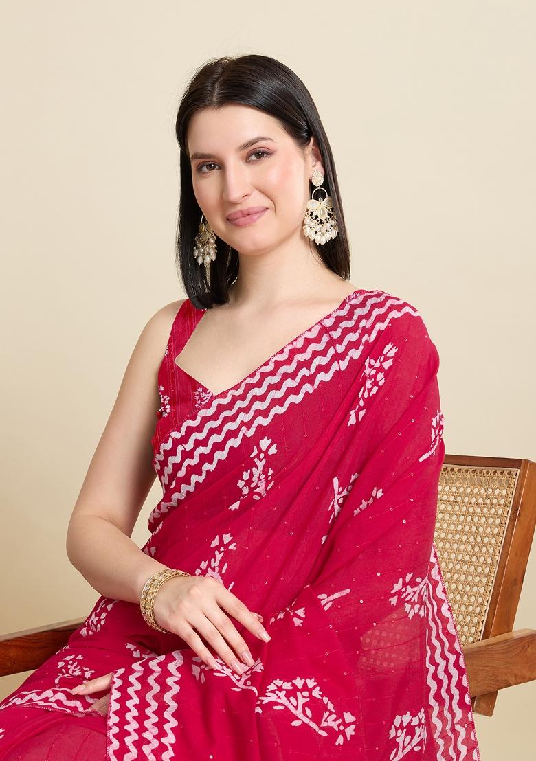 Red Zari Work Blended Cotton Saree Set