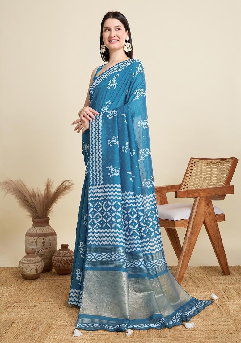 Blue Zari Work Blended Cotton Saree Set