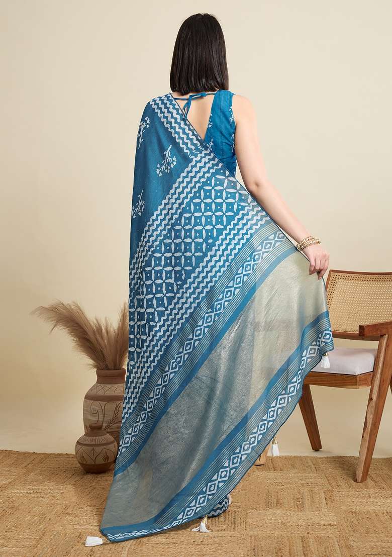 Blue Zari Work Blended Cotton Saree Set - Indya