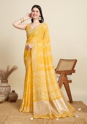 Yellow Zari Work Blended Cotton Saree Set
