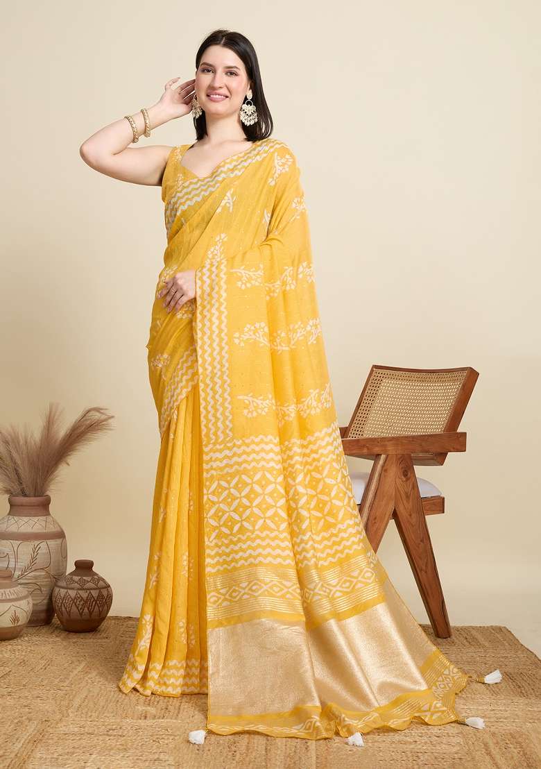 Yellow Zari Work Blended Cotton Saree Set - Indya