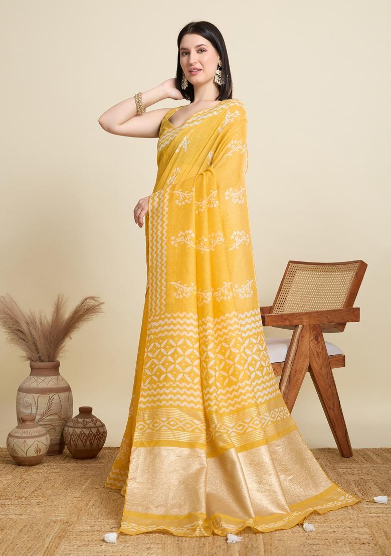 Yellow Zari Work Blended Cotton Saree Set