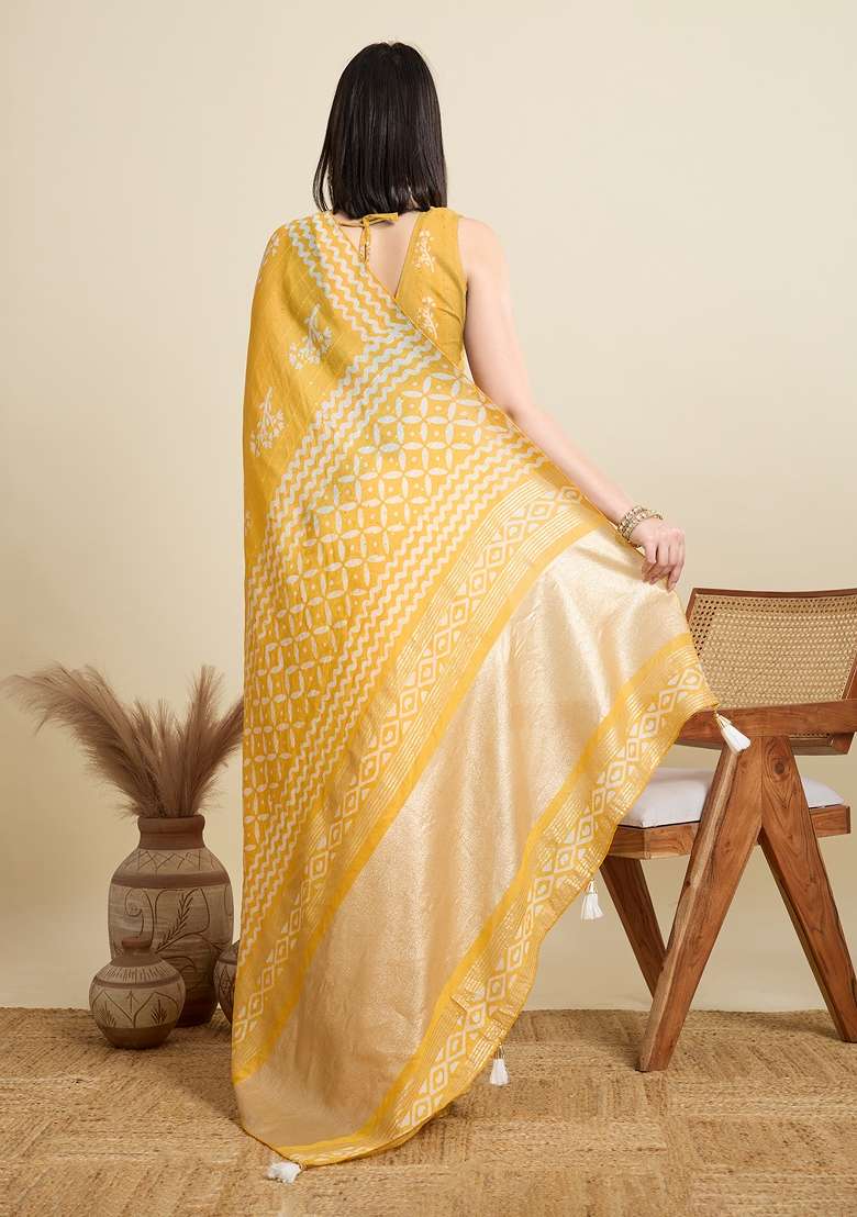 Yellow Zari Work Blended Cotton Saree Set - Indya