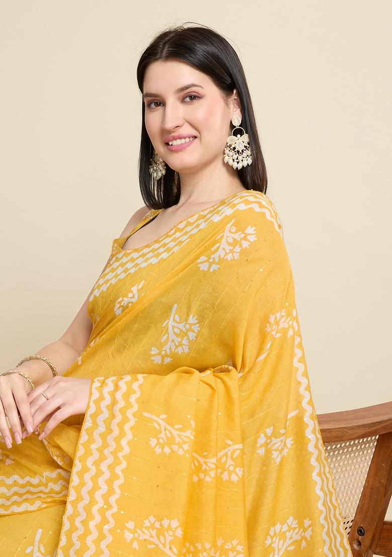 Yellow Zari Work Blended Cotton Saree Set