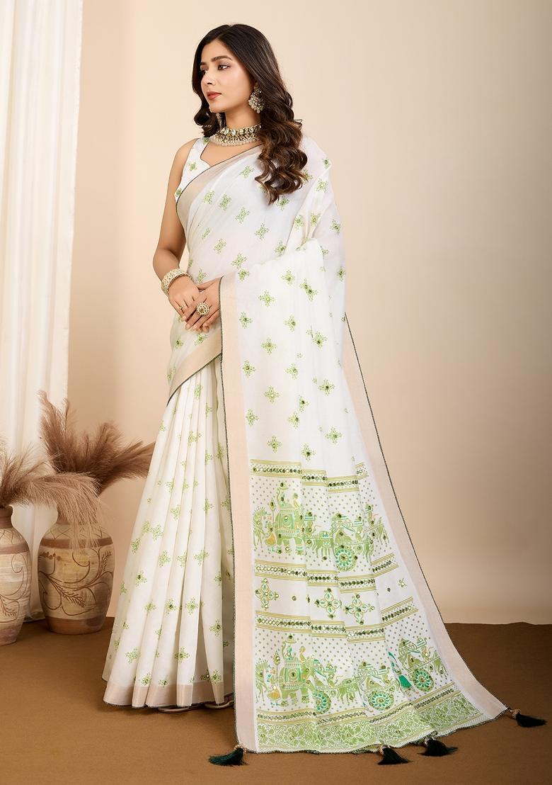 White Floral Print Blended Cotton Saree Set
