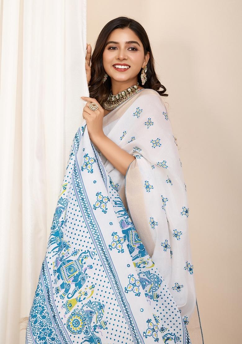 White Floral Print Blended Cotton Saree Set