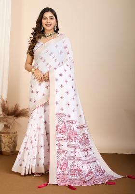 White Floral Print Blended Cotton Saree Set