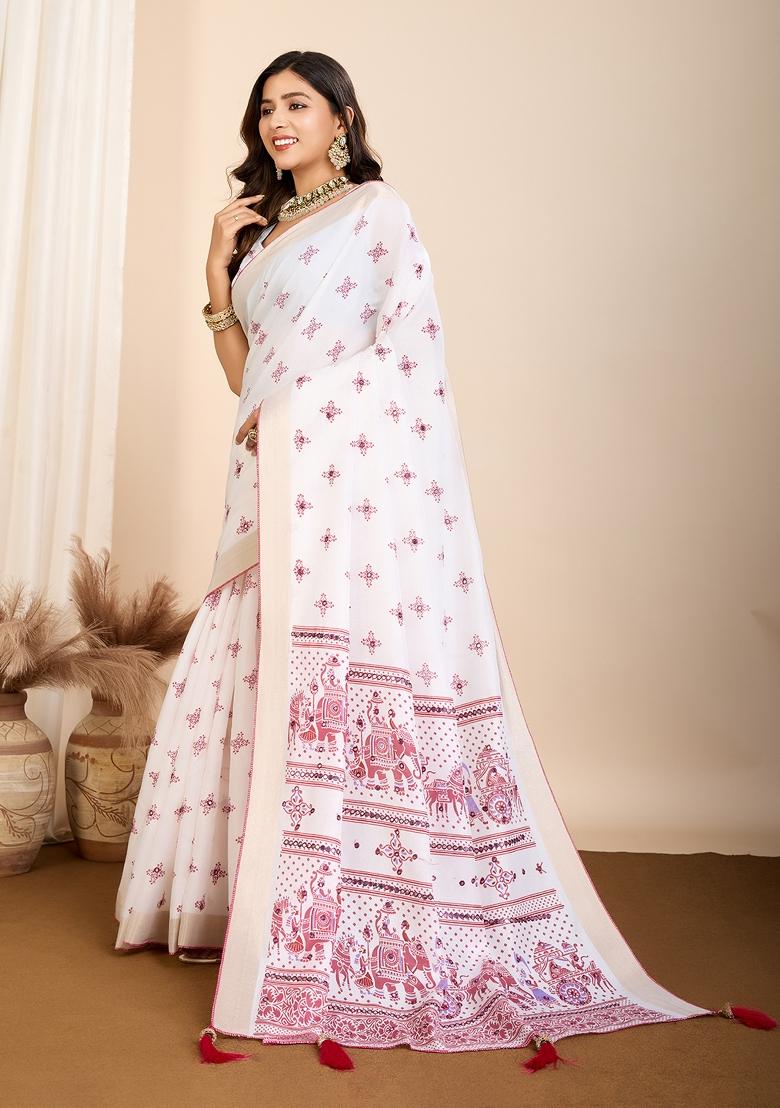 White Floral Print Blended Cotton Saree Set