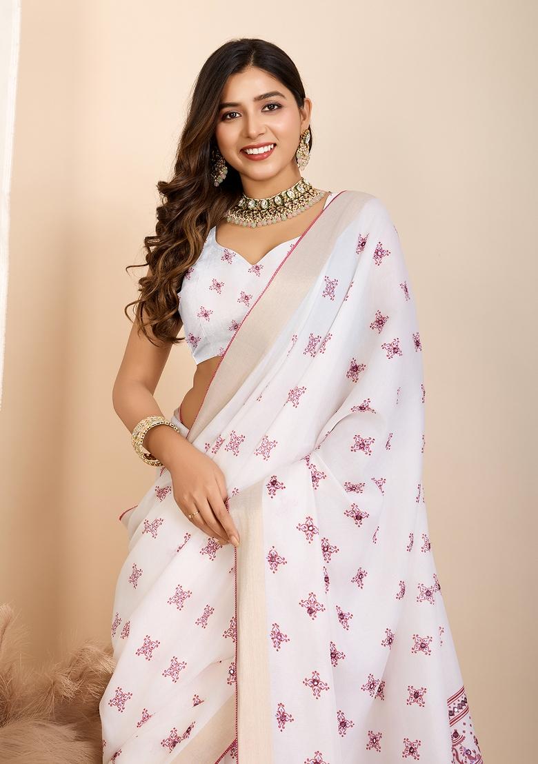 White Floral Print Blended Cotton Saree Set
