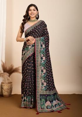 Black Floral Print Blended Cotton Saree Set