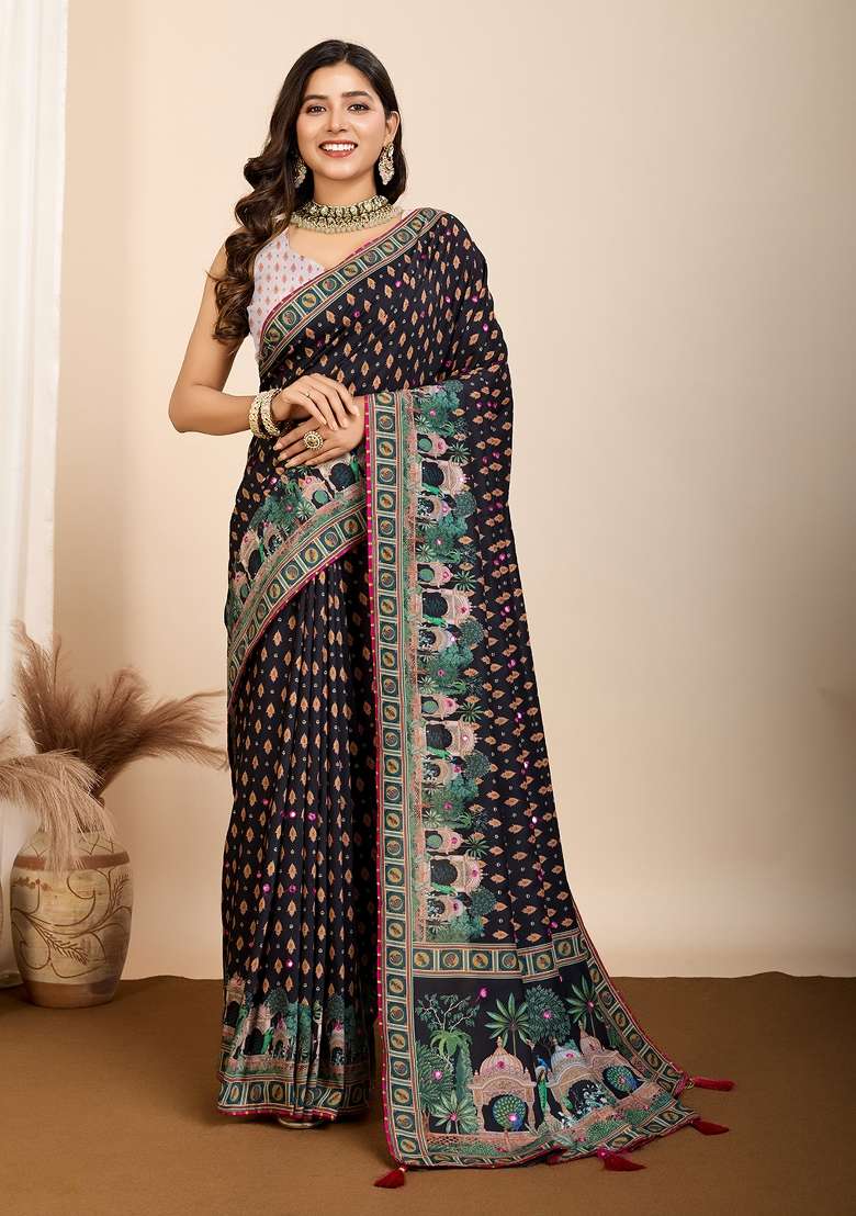 Black Floral Print Blended Cotton Saree Set - Indya