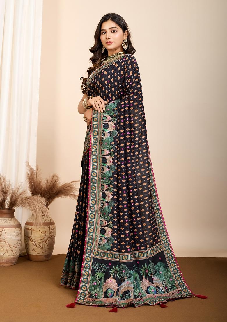 Black Floral Print Blended Cotton Saree Set