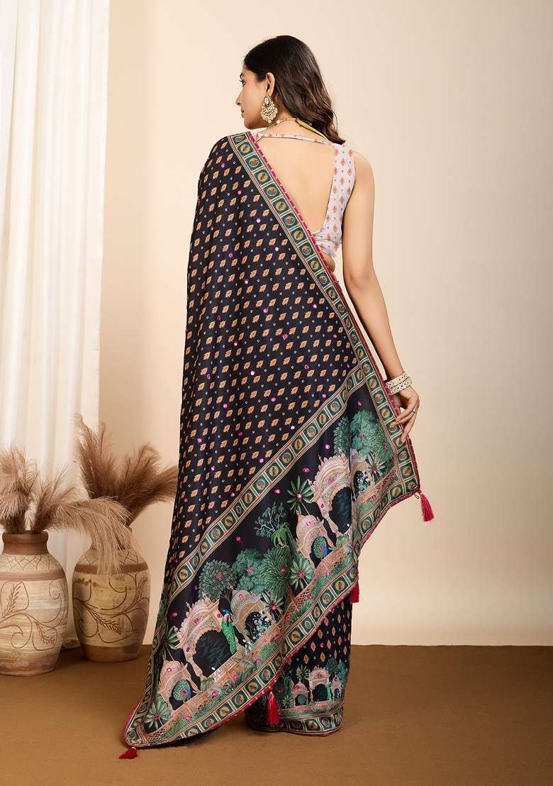 Black Floral Print Blended Cotton Saree Set - Indya