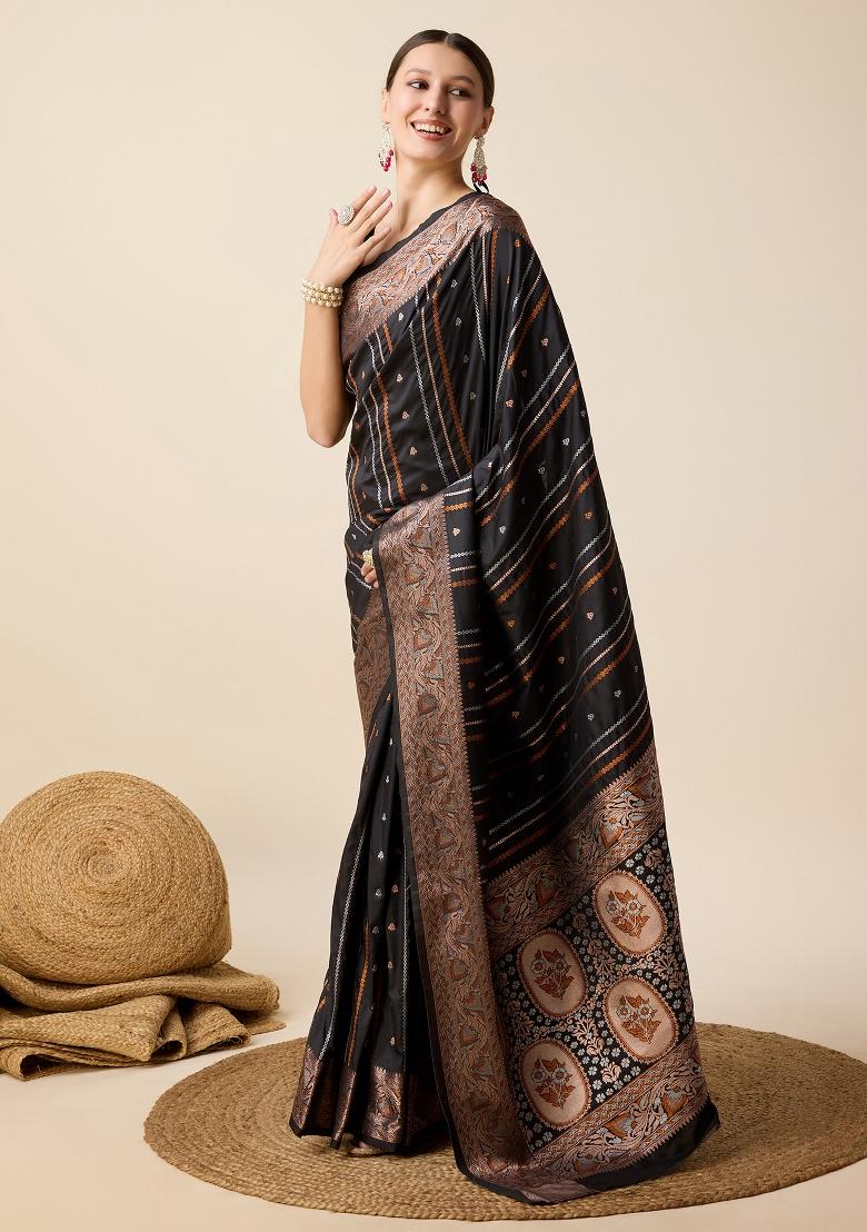 Black South Silk Silk Blend Saree Set