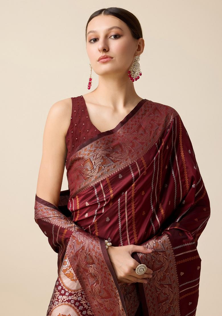 Maroon South Silk Silk Blend Saree Set