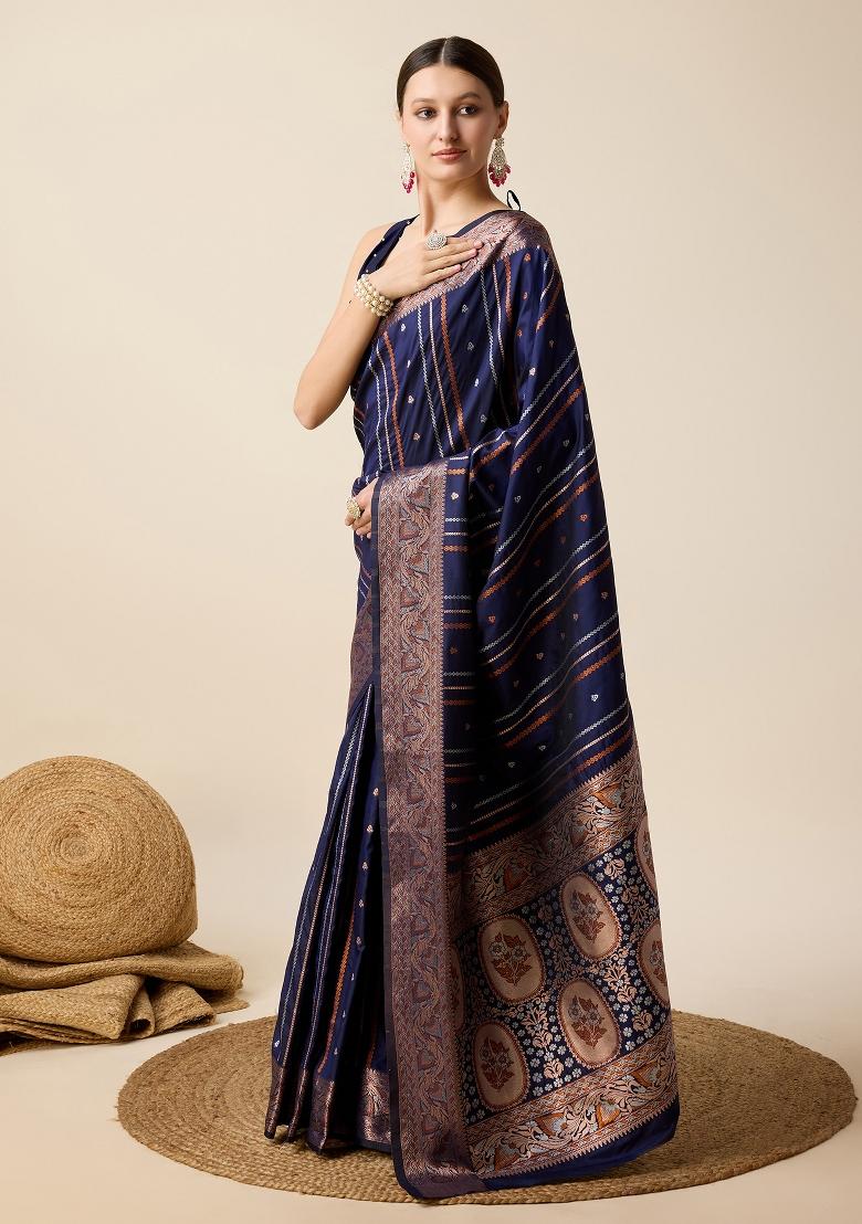Navy Blue South Silk Silk Blend Saree Set