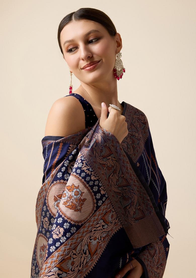 Navy Blue South Silk Silk Blend Saree Set