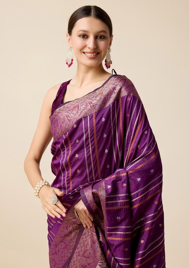 Purple South Silk Silk Blend Saree Set